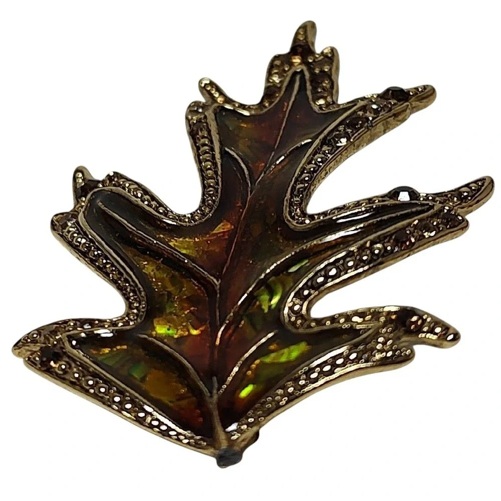 Vintage Signed LC‎ Liz Claiborne Enamel Rhinestone Leaf Brooch Pin